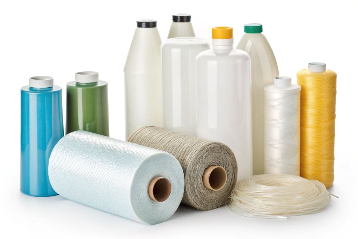 Applications of PET Plastic Collage of various PET products (bottles, fibers, film)