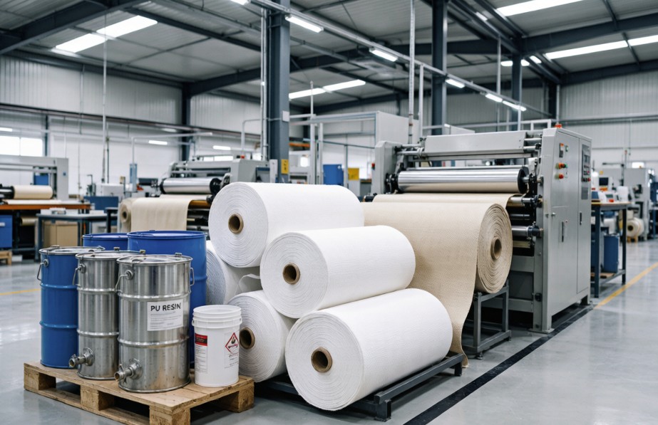 Rolls of base fabric and containers of polymer resin in a factory setting