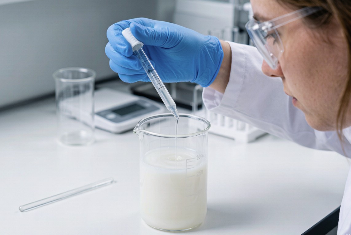 A lab technician carefully adding a liquid additive to a beaker of PU resin